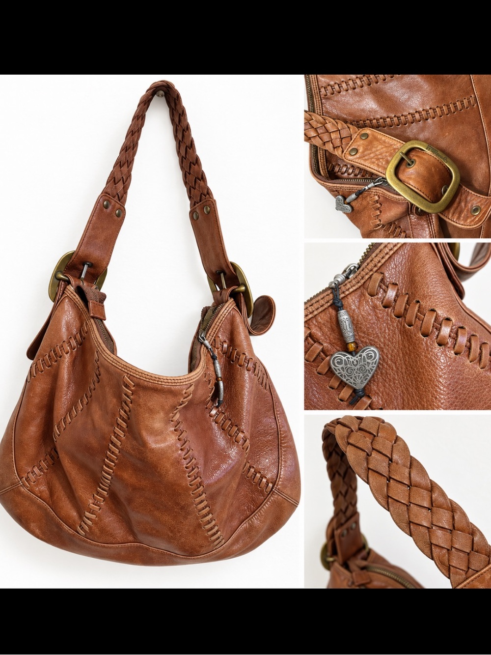 Braided Strap Brown Leather Hobo Bag Y2K Cynthia H. Buckle Strap Shoulder Bag